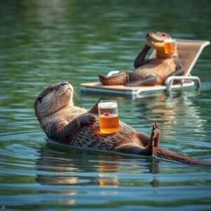Der Otter schwimmt auf dem Rücken. Auf dem Baus steh ein Krug mit »Prokrastinator«.