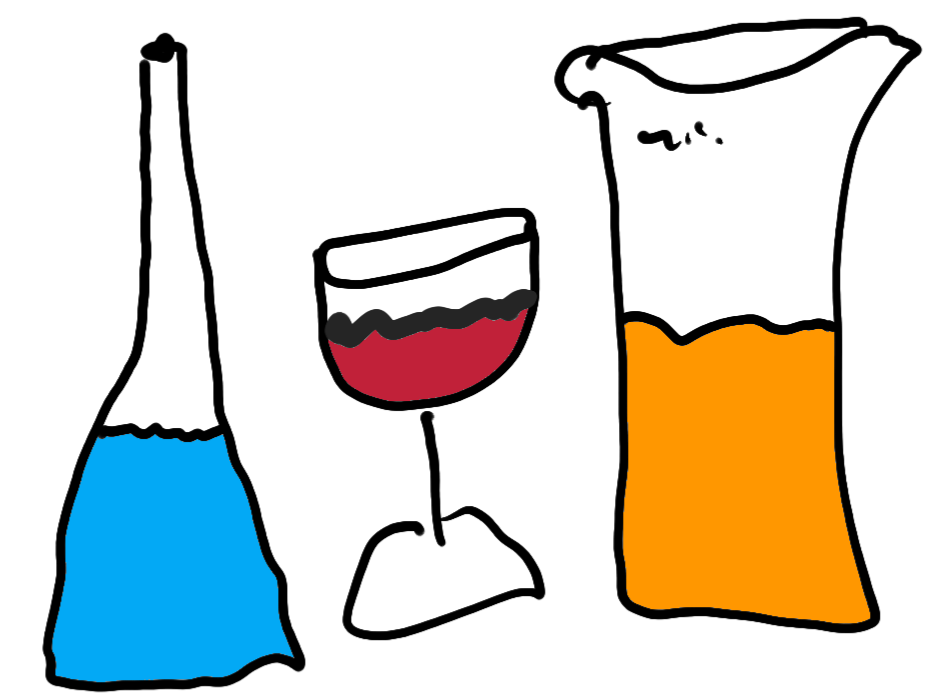 Illustration. Verschieden Gefäße vor unterschiedliche Getränke